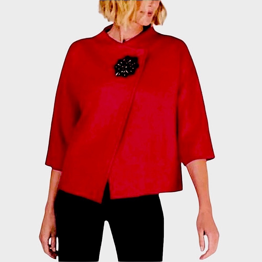 Jones New York Red Boiled Wool Boxy Jacket Brooch Closure Size M Festive Holiday